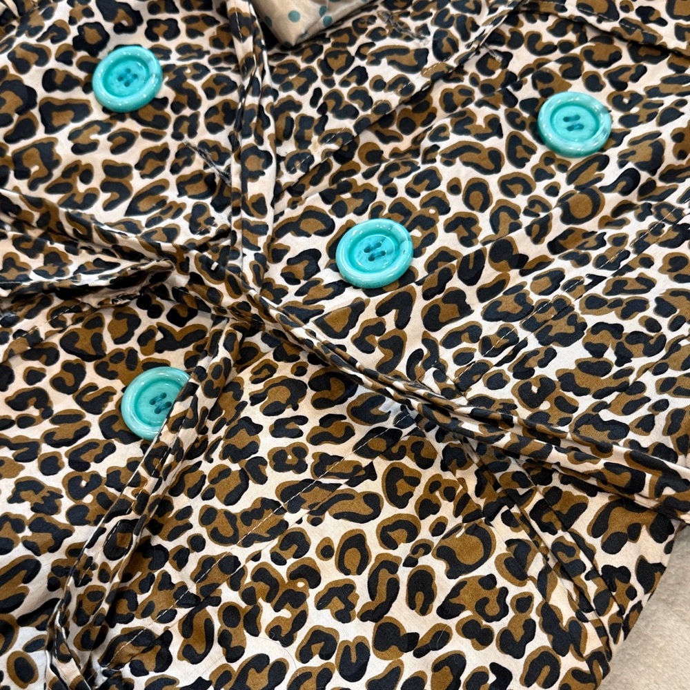 DownEast Leopard Print Trench Coat with Teal Buttons - Picture 4 of 7